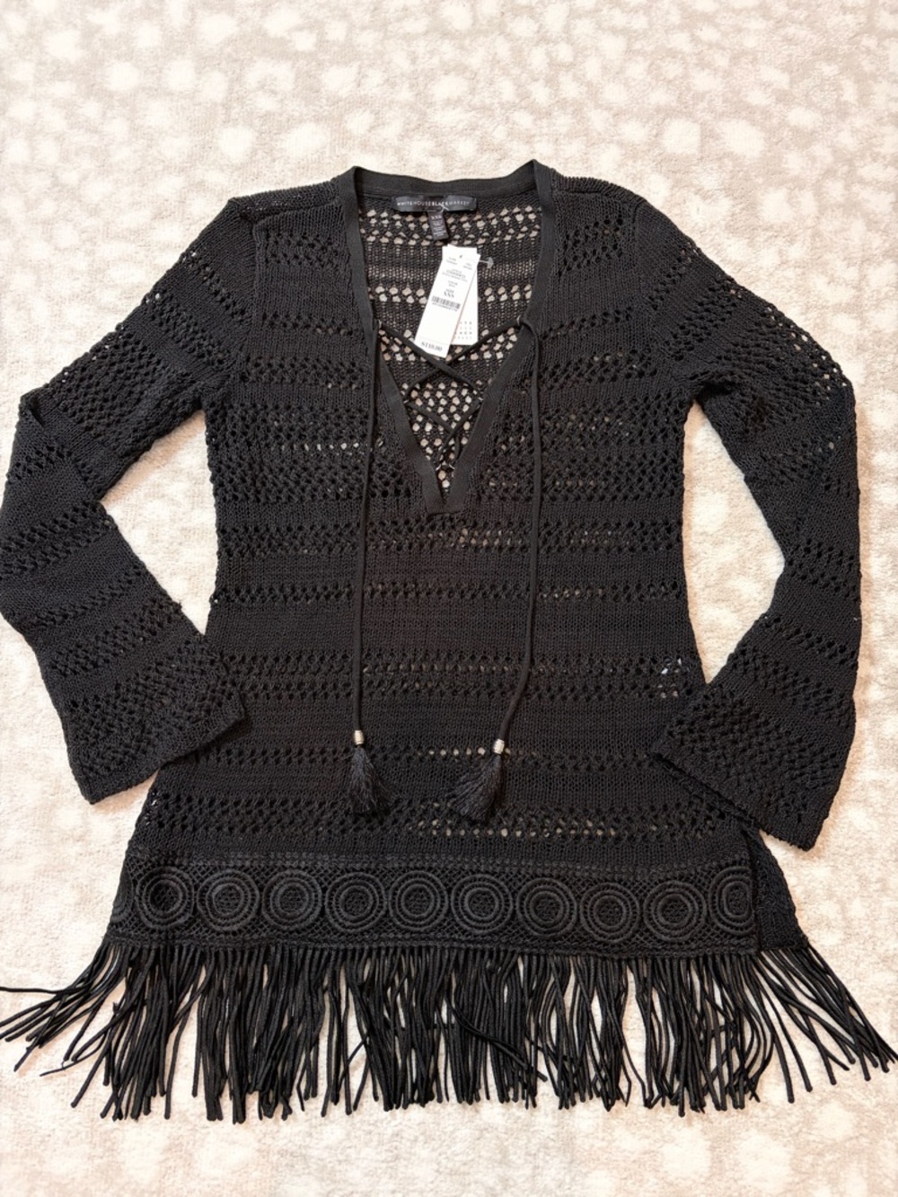 White House Black Market Black Crochet coverup with Fringe